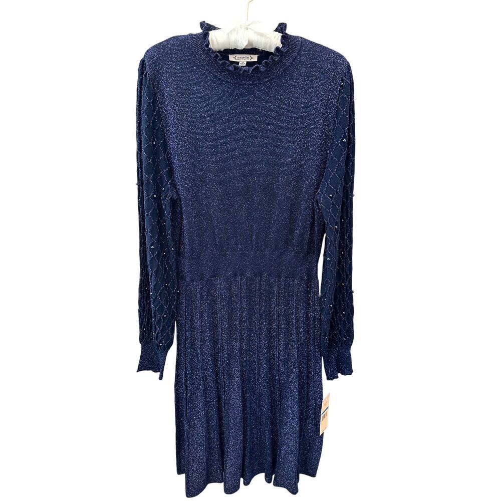 NANETTE LEPORE Navy Blue Metallic Mock Neck Knit Long Sleeve Dress Party NWT XL